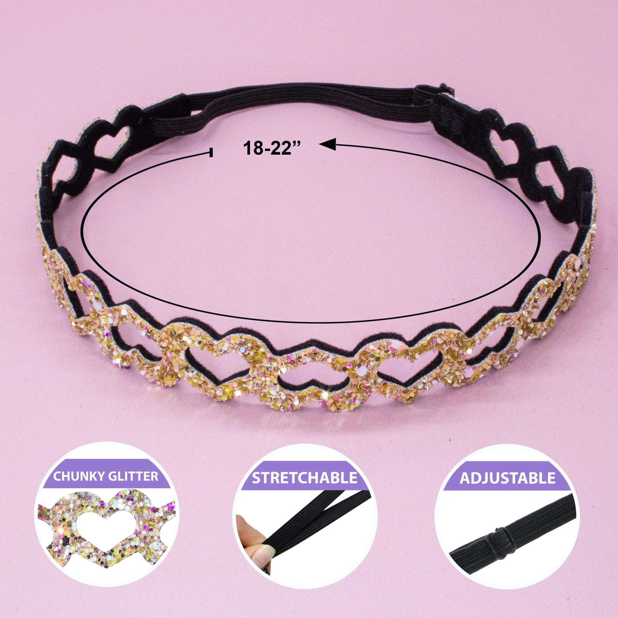 Adjustable No Slip Glitter Headbands - 6 Pack