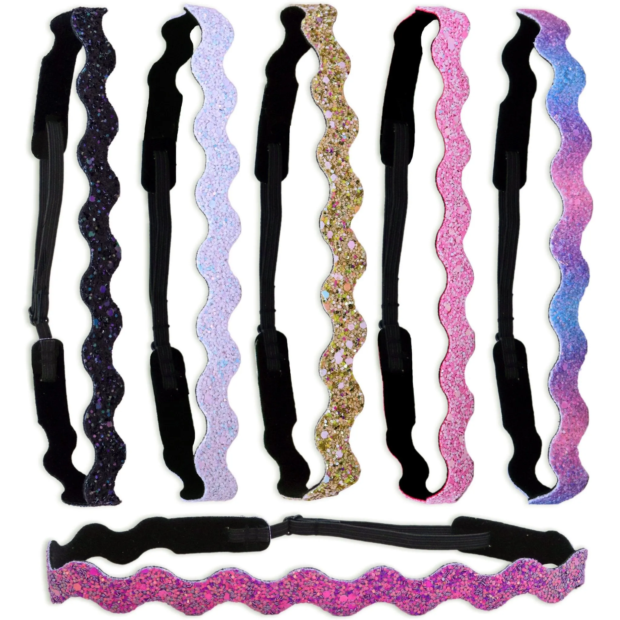 Adjustable No Slip Glitter Headbands - 6 Pack