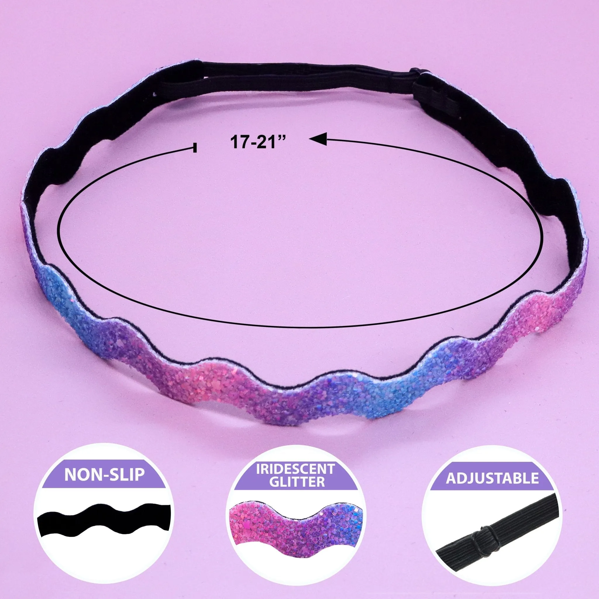 Adjustable No Slip Glitter Headbands - 6 Pack