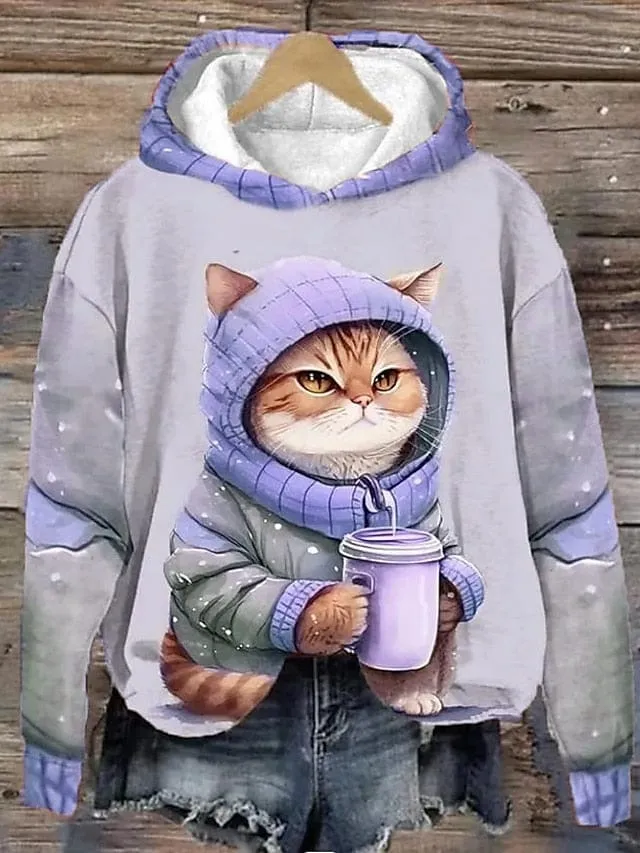 Cat Print Women's Hoodie Sweatshirt for Fall & Winter