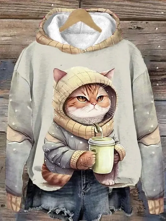 Cat Print Women's Hoodie Sweatshirt for Fall & Winter