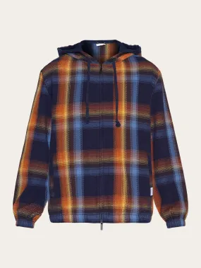 Checked hoodie twill zipper jacket -GOTS/Vegan - blue check