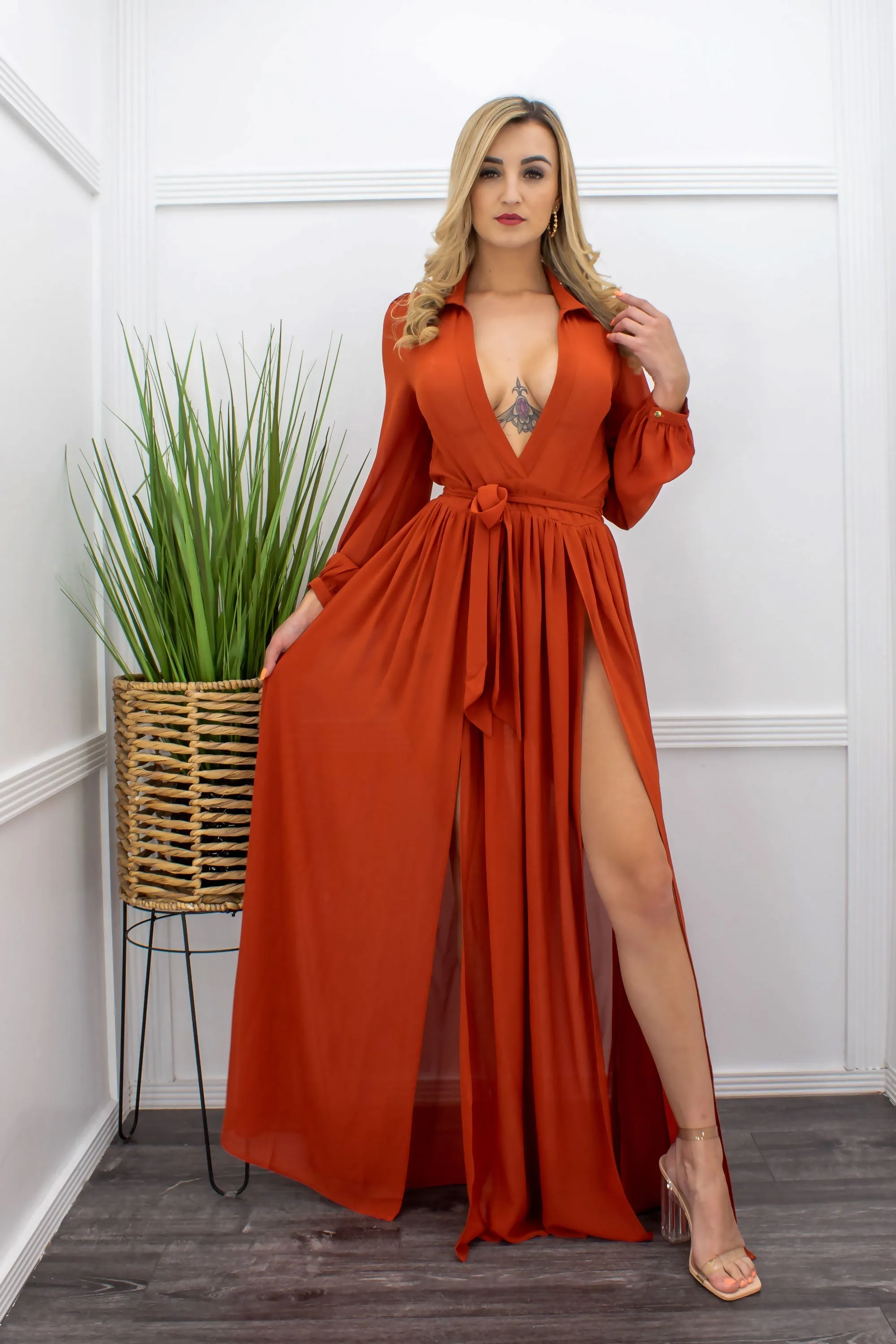 Chiffon Long Sleeve Body Slit Maxi Dress