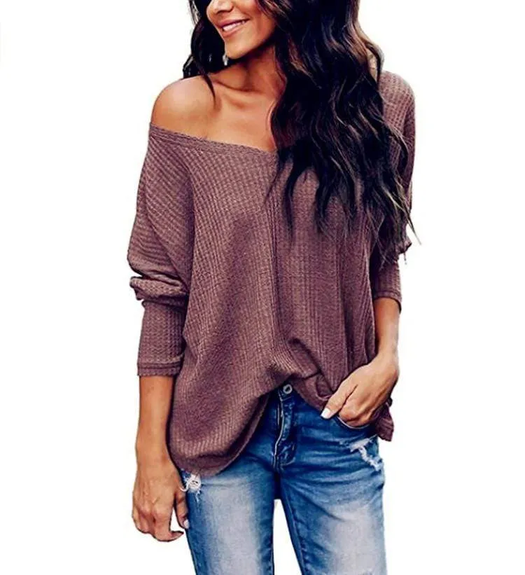 HauteEdition Slouchy Waffle Knit V-Neck Long Sleeve Tee