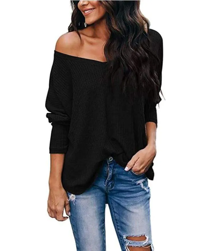 HauteEdition Slouchy Waffle Knit V-Neck Long Sleeve Tee