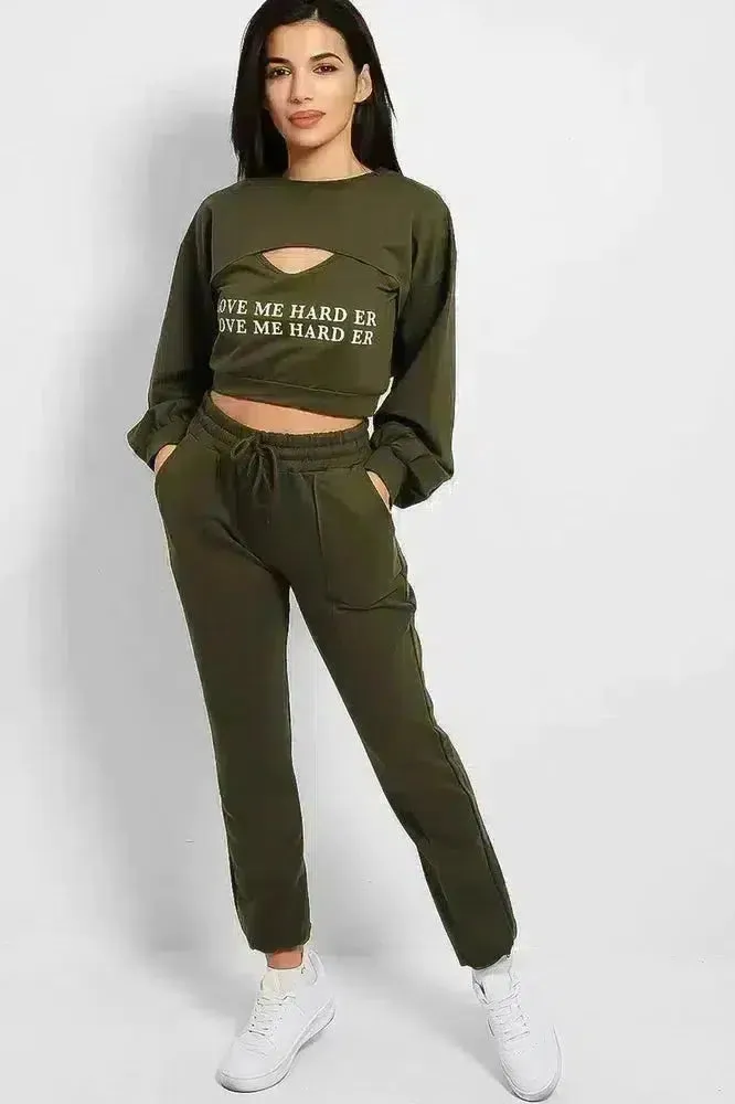 Khaki Love Me Harder Crop Top 3 Piece Tracksuit