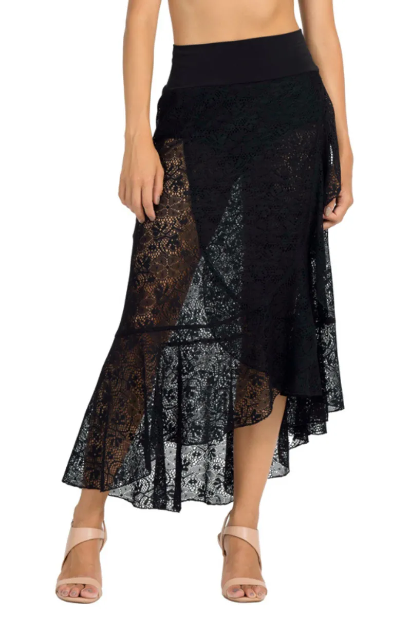 Lace Asymmetric Wrap Skirt With Ruffles (XS,S,M) (Black,White)