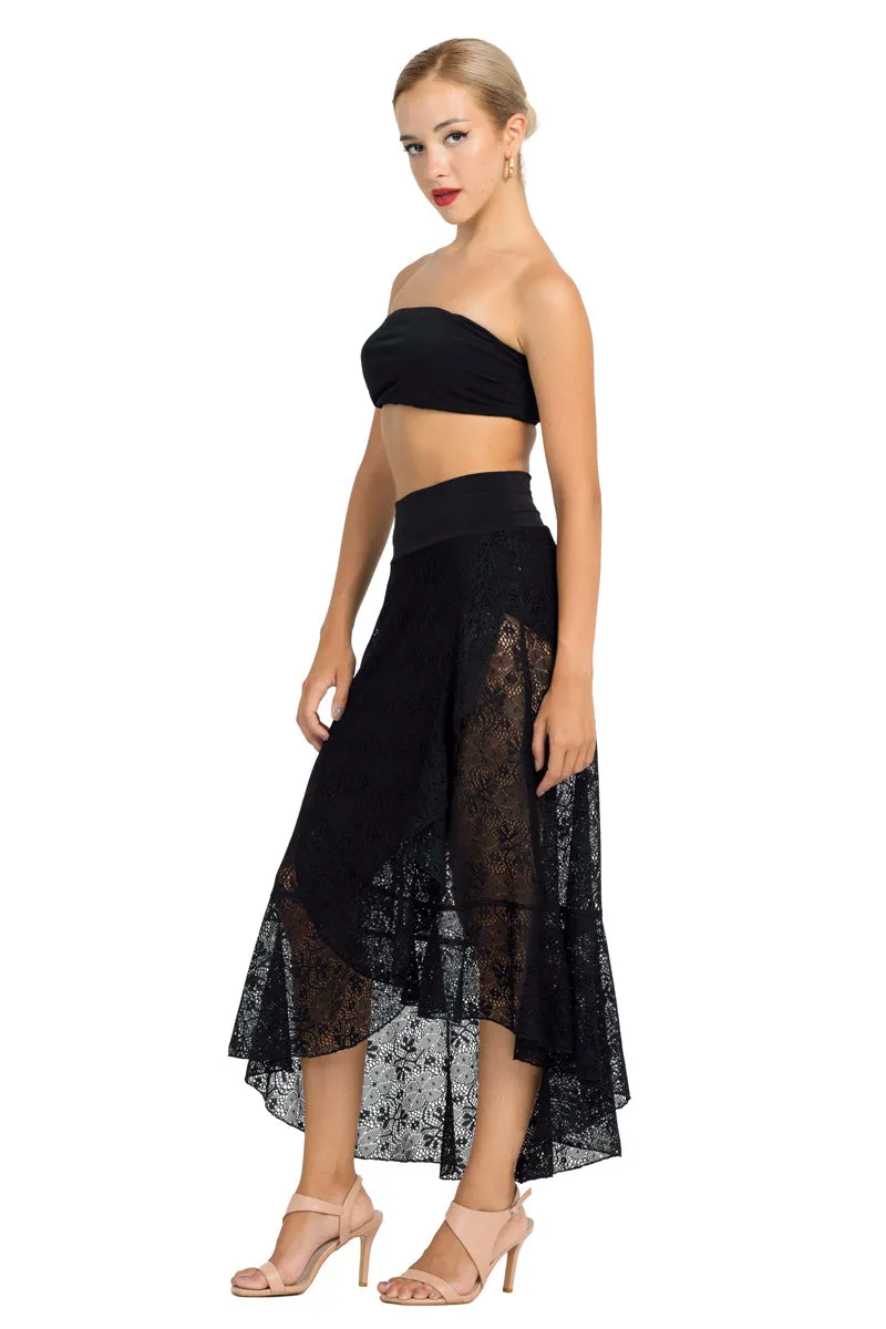 Lace Asymmetric Wrap Skirt With Ruffles (XS,S,M) (Black,White)