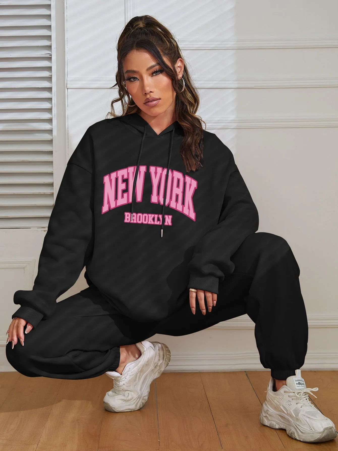 Letter Graphic Drop Shoulder Drawstring Hoodie Sweatpants