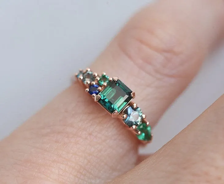 Massimo Emerald Cut Sapphire Cluster Ring