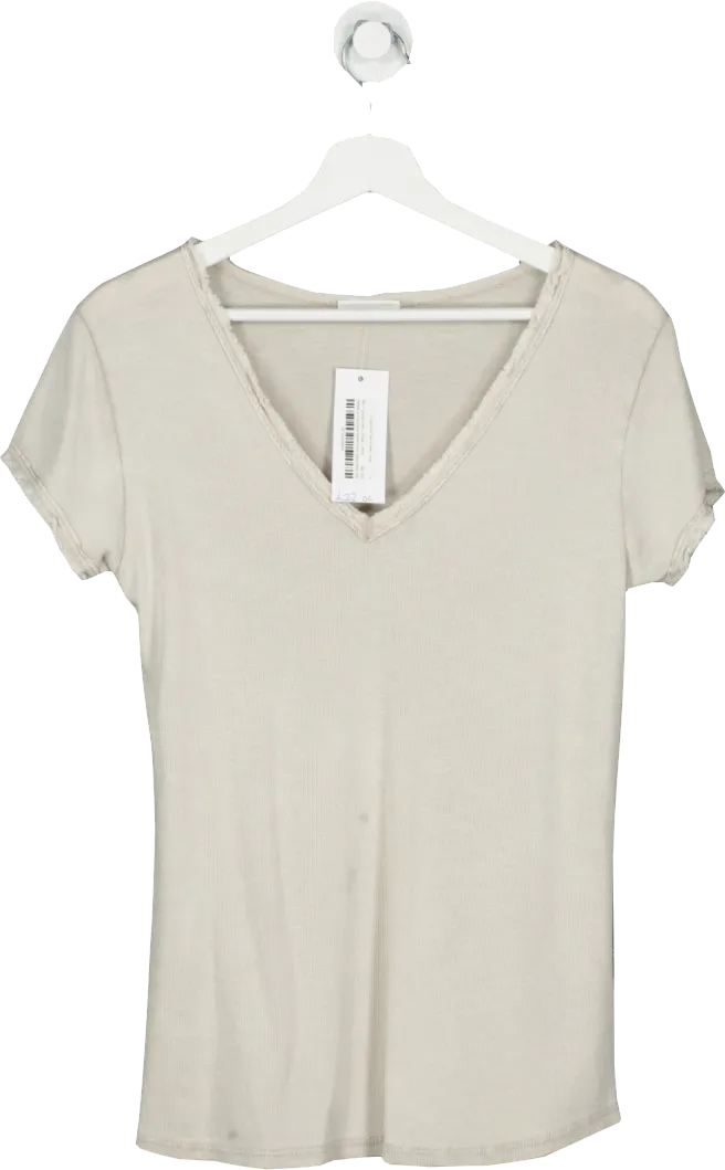 NO.1 George Street Beige Cotton Frill Trim V Neck T Shirt UK M