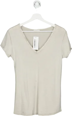 NO.1 George Street Beige Cotton Frill Trim V Neck T Shirt UK M