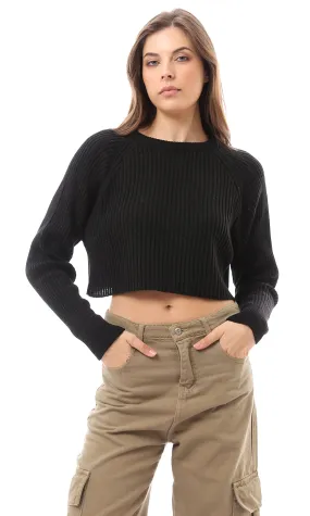 O171609 Black Slip On Long Sleeves Cropped Pullover