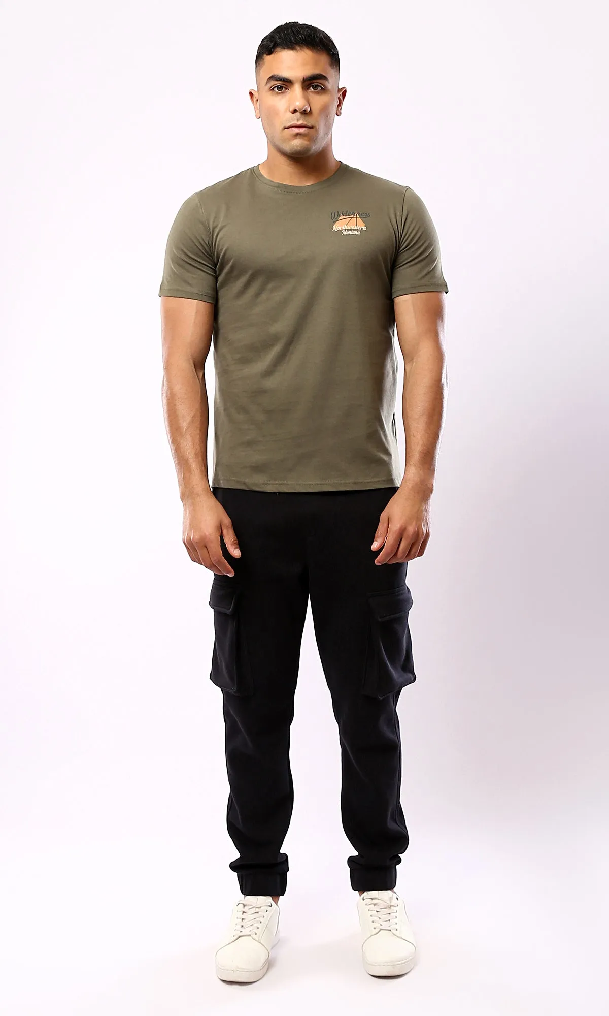 O179024 Dark Olive Tee With Mountain Explorer Back Print