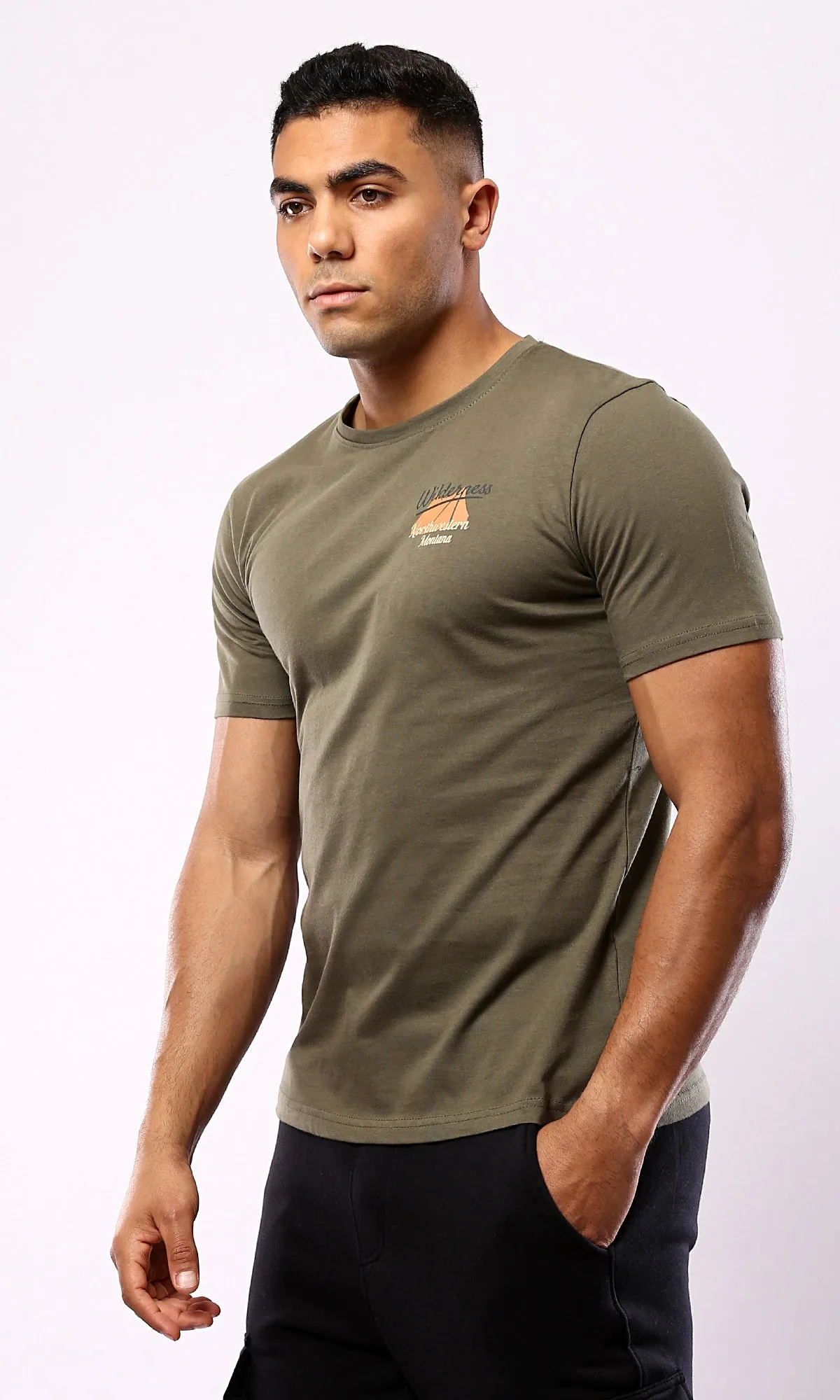 O179024 Dark Olive Tee With Mountain Explorer Back Print