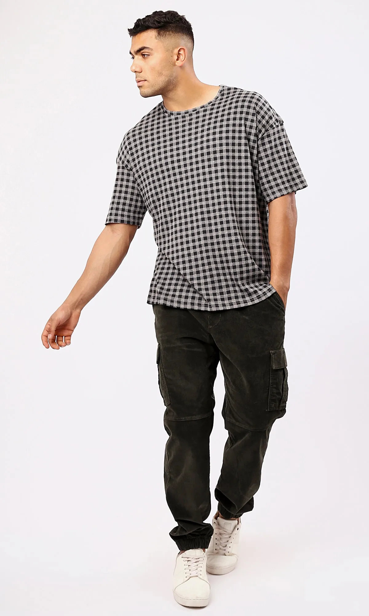 O182207 Grey & Black Plaids Relaxed Summer Tee