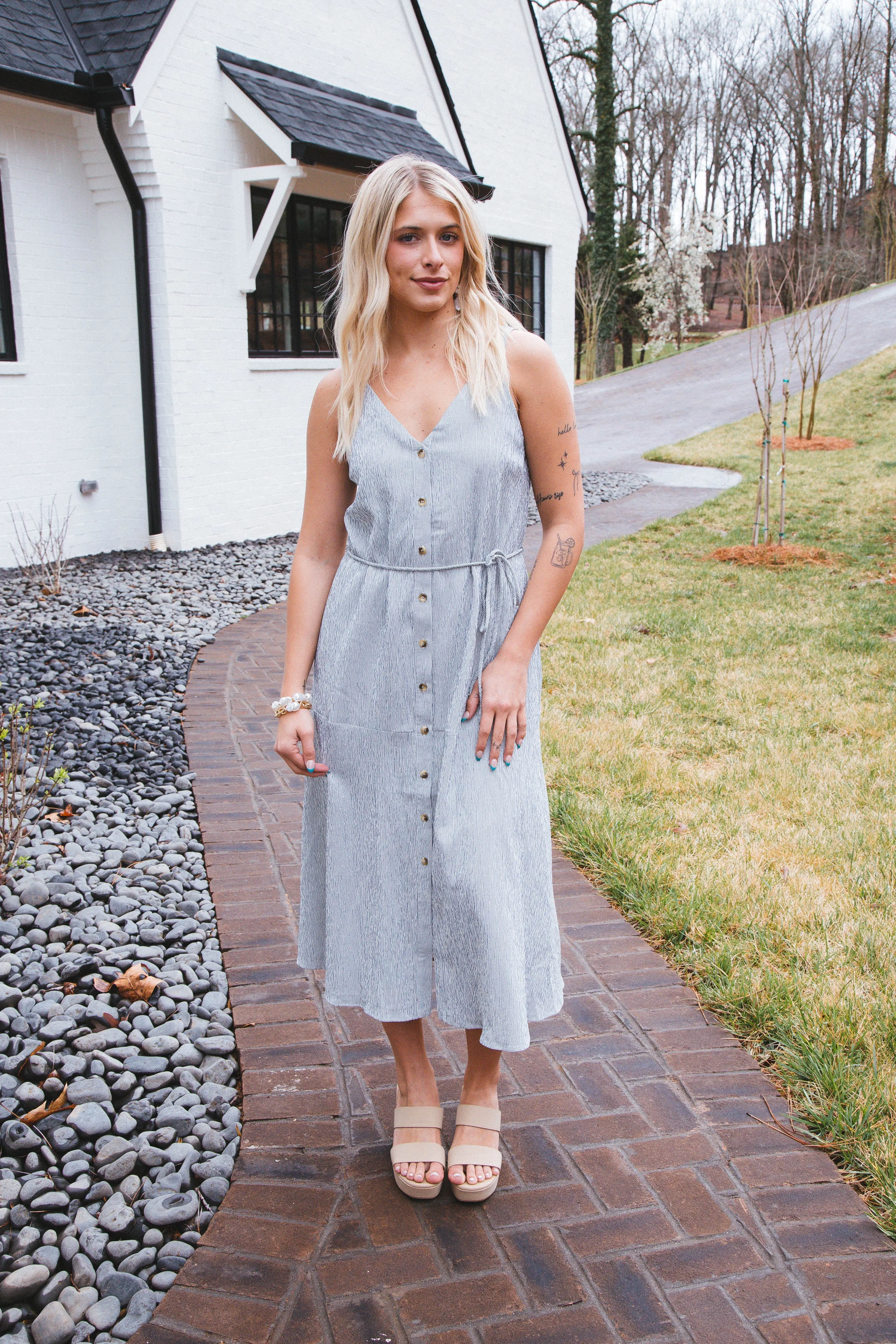 Reese Button Front Maxi Dress, Cream/Navy