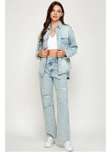 Shaina Oversized Distressed Denim Collared Shacket