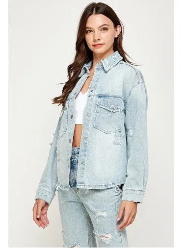 Shaina Oversized Distressed Denim Collared Shacket