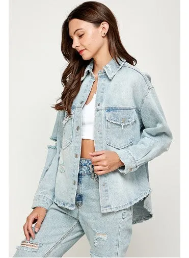 Shaina Oversized Distressed Denim Collared Shacket