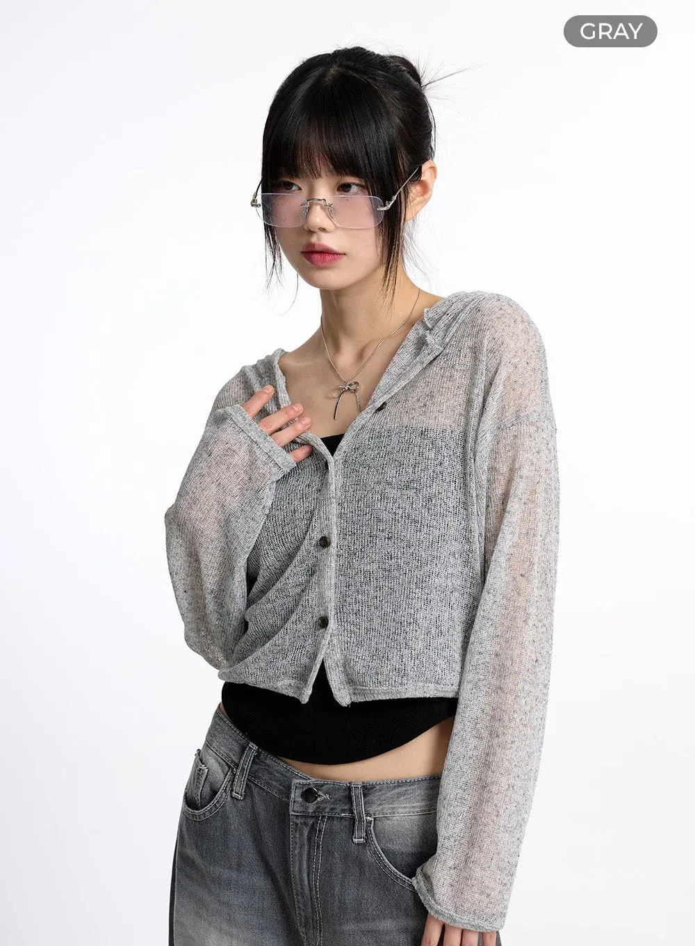 Solid Hollow Out Hoodie Cardigan CM415