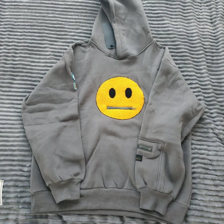 Zipper Pocket Smiley Face Patchwork Fleece Hoodies